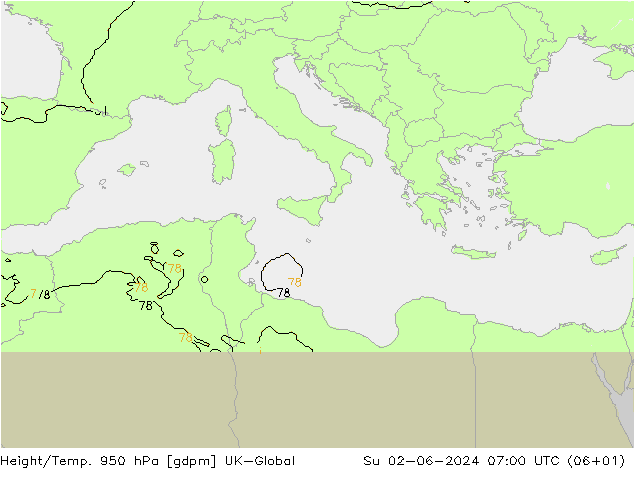 Height/Temp. 950 hPa UK-Global Su 02.06.2024 07 UTC