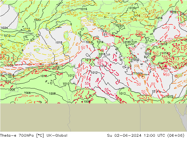 Theta-e 700гПа UK-Global Вс 02.06.2024 12 UTC