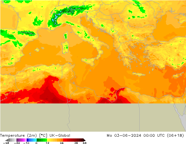 Sıcaklık Haritası (2m) UK-Global Pzt 03.06.2024 00 UTC