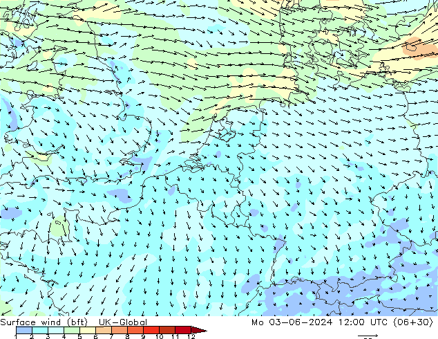 Surface wind (bft) UK-Global Mo 03.06.2024 12 UTC