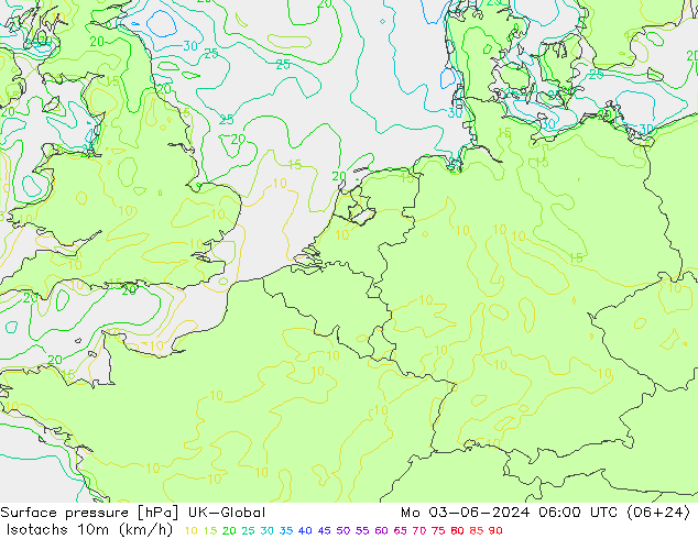 Isotachs (kph) UK-Global пн 03.06.2024 06 UTC