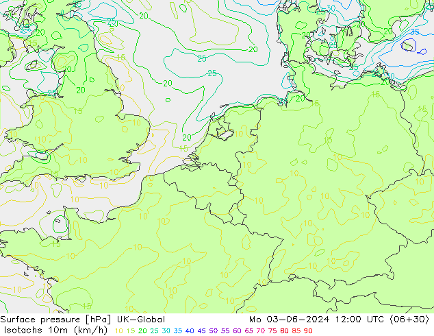 Isotachen (km/h) UK-Global Mo 03.06.2024 12 UTC