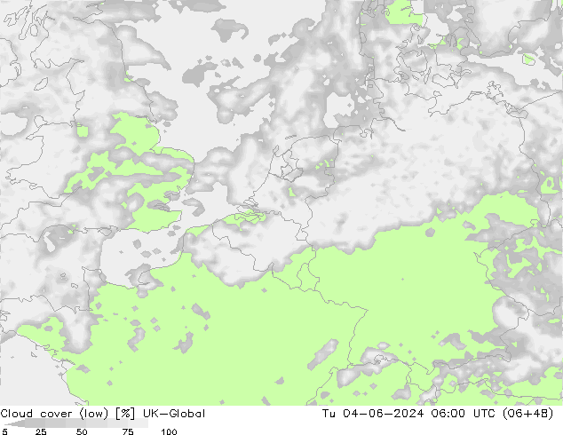 Cloud cover (low) UK-Global Tu 04.06.2024 06 UTC