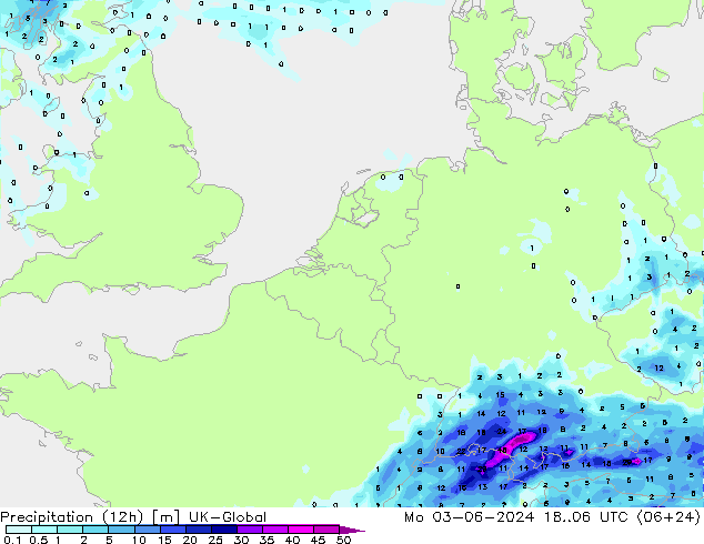 Totale neerslag (12h) UK-Global ma 03.06.2024 06 UTC