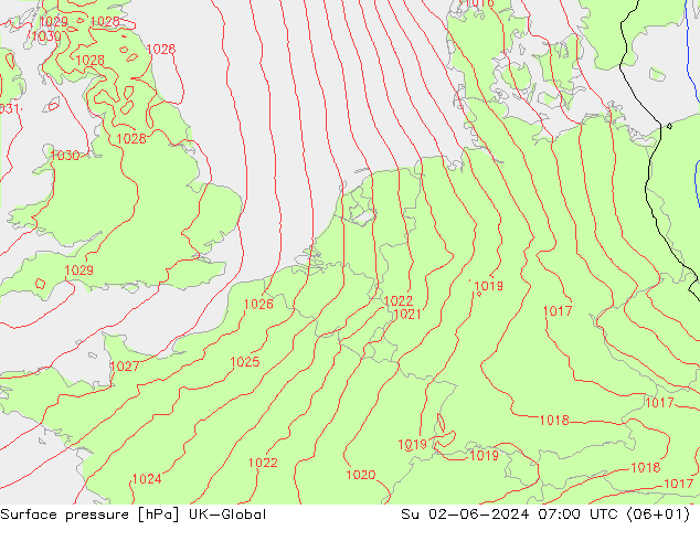 Surface pressure UK-Global Su 02.06.2024 07 UTC