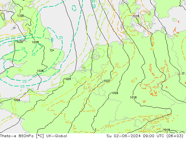 Theta-e 850hPa UK-Global dim 02.06.2024 09 UTC