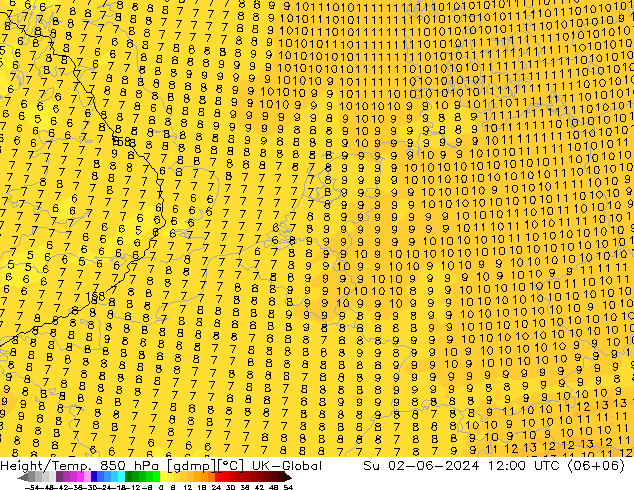 Height/Temp. 850 hPa UK-Global So 02.06.2024 12 UTC