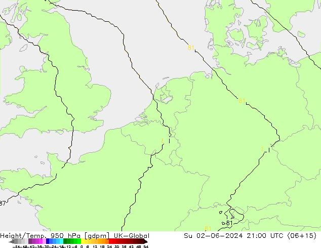Hoogte/Temp. 950 hPa UK-Global zo 02.06.2024 21 UTC