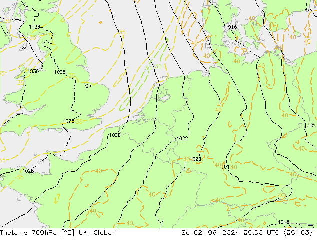 Theta-e 700hPa UK-Global dim 02.06.2024 09 UTC