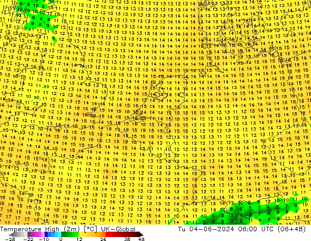 temperatura máx. (2m) UK-Global Ter 04.06.2024 06 UTC