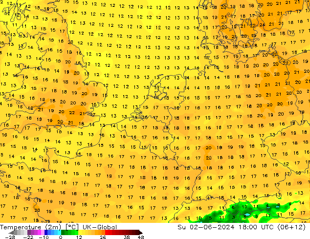 Temperaturkarte (2m) UK-Global So 02.06.2024 18 UTC