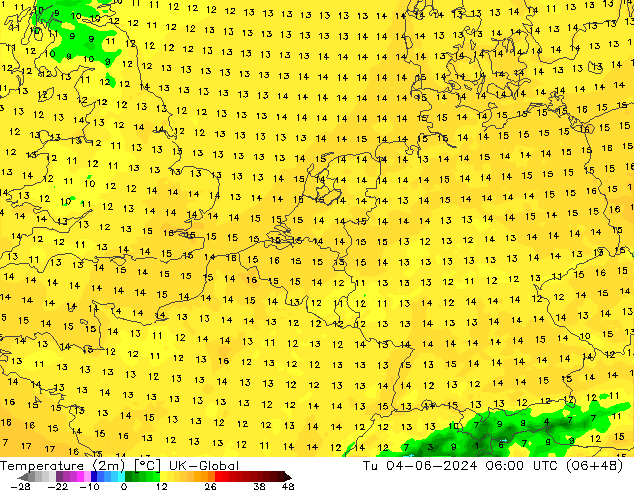 Temperatura (2m) UK-Global Ter 04.06.2024 06 UTC