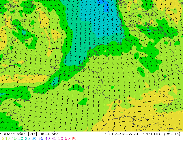 Wind 10 m UK-Global zo 02.06.2024 12 UTC