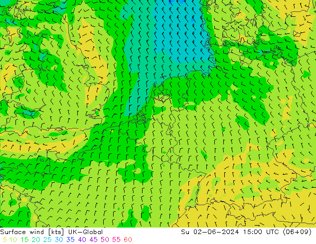 Surface wind UK-Global Su 02.06.2024 15 UTC