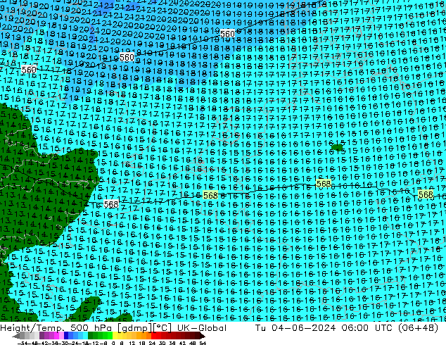 Height/Temp. 500 hPa UK-Global Tu 04.06.2024 06 UTC