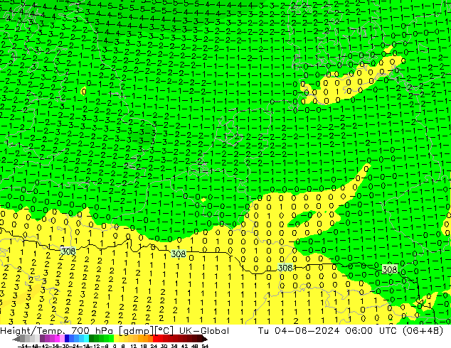 Height/Temp. 700 hPa UK-Global Ter 04.06.2024 06 UTC