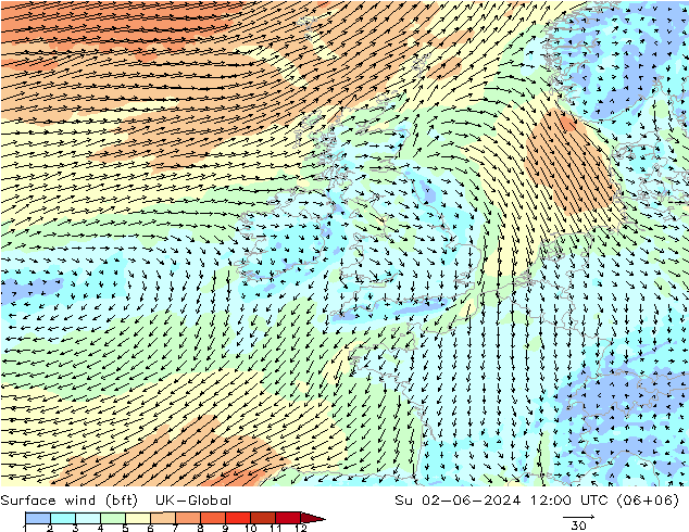 Vento 10 m (bft) UK-Global dom 02.06.2024 12 UTC