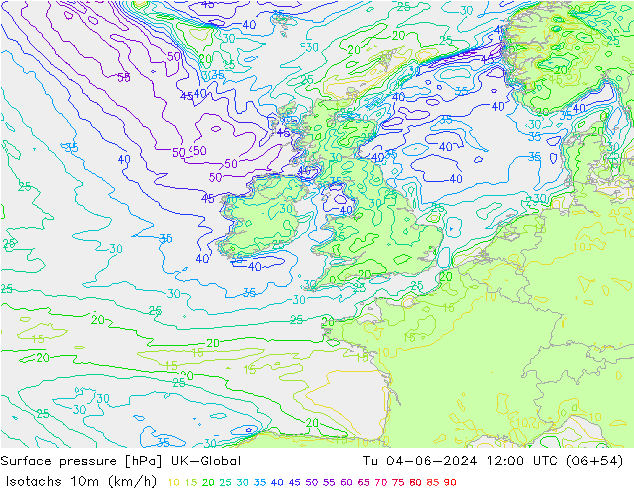 Isotachs (kph) UK-Global Tu 04.06.2024 12 UTC