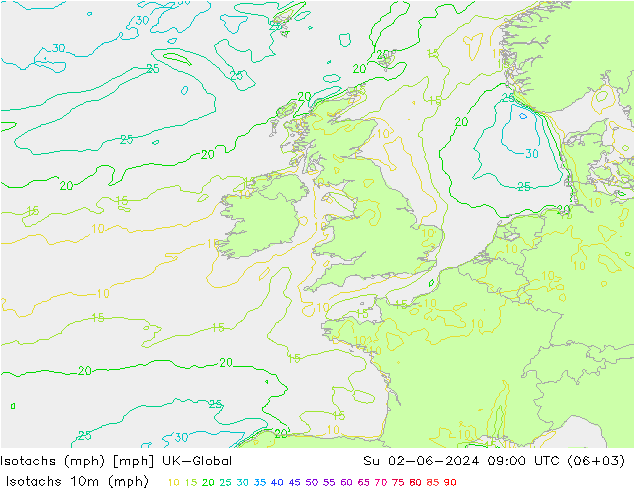 Isotachen (mph) UK-Global So 02.06.2024 09 UTC