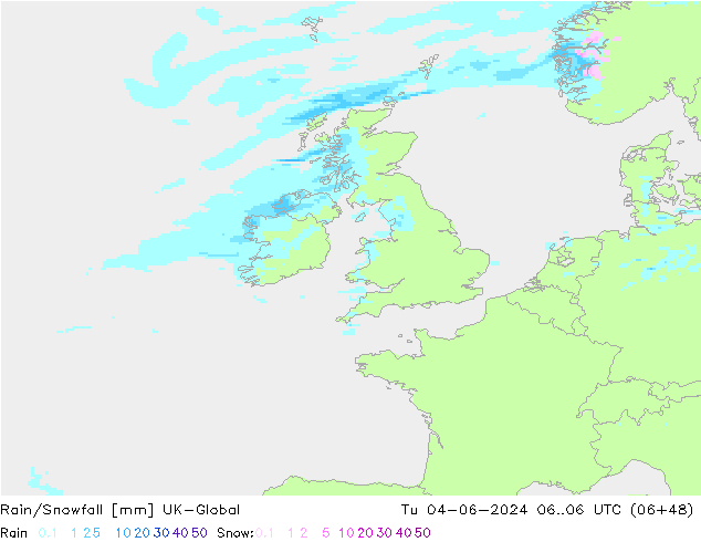Rain/Snowfall UK-Global вт 04.06.2024 06 UTC