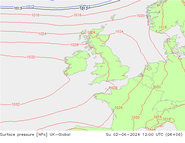 Pressione al suolo UK-Global dom 02.06.2024 12 UTC