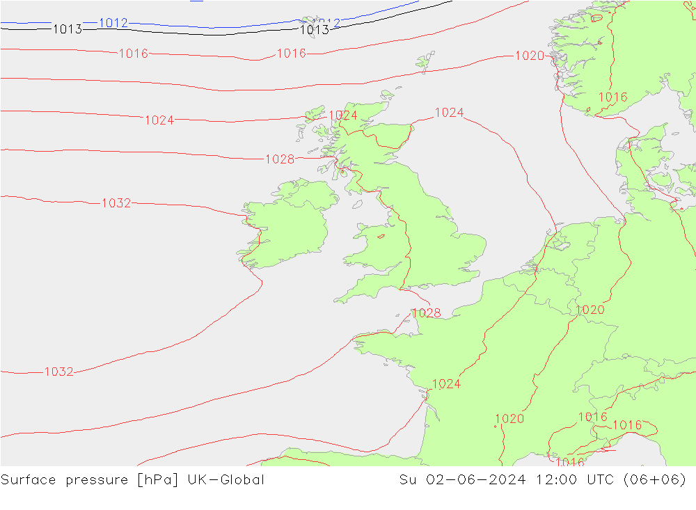 Pressione al suolo UK-Global dom 02.06.2024 12 UTC