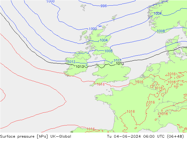 Atmosférický tlak UK-Global Út 04.06.2024 06 UTC