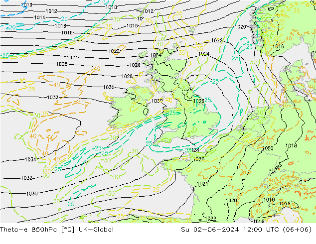 Theta-e 850hPa UK-Global dom 02.06.2024 12 UTC