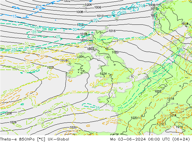 Theta-e 850hPa UK-Global Po 03.06.2024 06 UTC