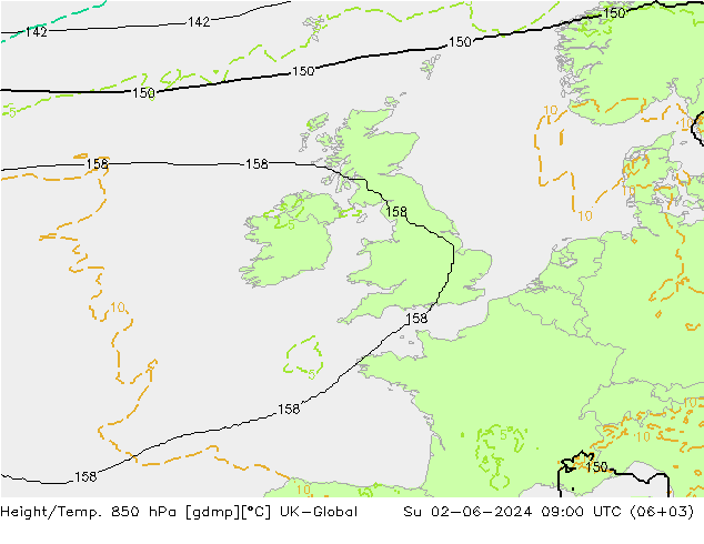 Height/Temp. 850 hPa UK-Global So 02.06.2024 09 UTC