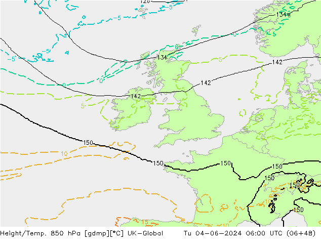 Height/Temp. 850 гПа UK-Global вт 04.06.2024 06 UTC