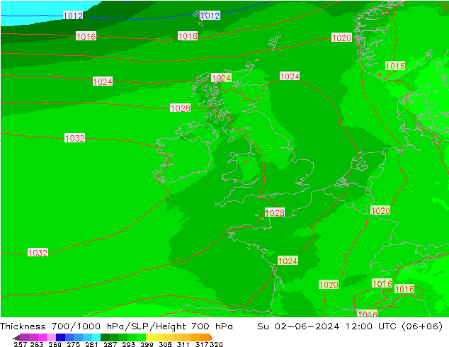Thck 700-1000 hPa UK-Global dim 02.06.2024 12 UTC