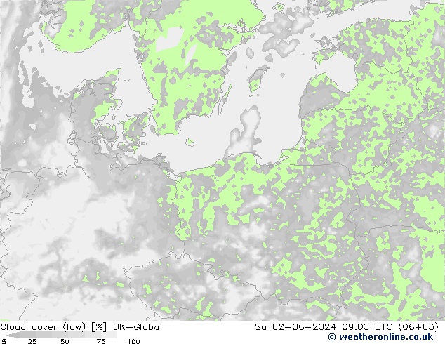 Cloud cover (low) UK-Global Su 02.06.2024 09 UTC