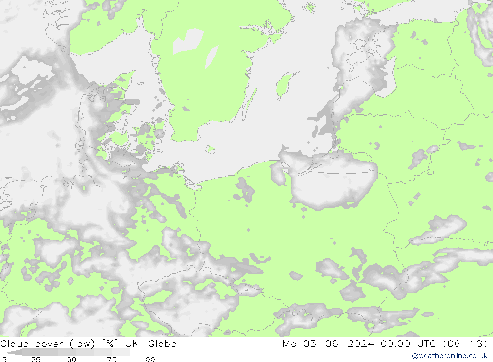 Cloud cover (low) UK-Global Mo 03.06.2024 00 UTC