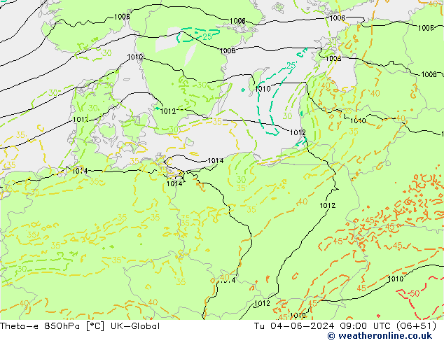 Theta-e 850hPa UK-Global mar 04.06.2024 09 UTC