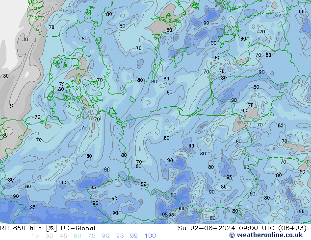 Humidité rel. 850 hPa UK-Global dim 02.06.2024 09 UTC