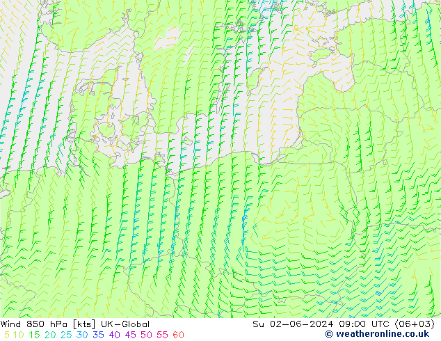Wind 850 hPa UK-Global zo 02.06.2024 09 UTC