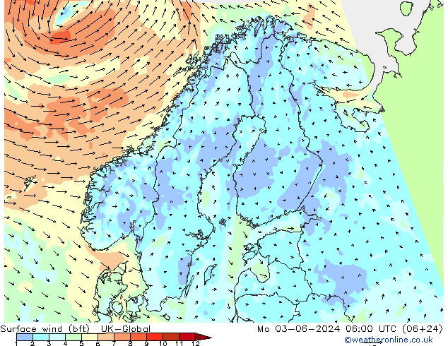 Surface wind (bft) UK-Global Po 03.06.2024 06 UTC