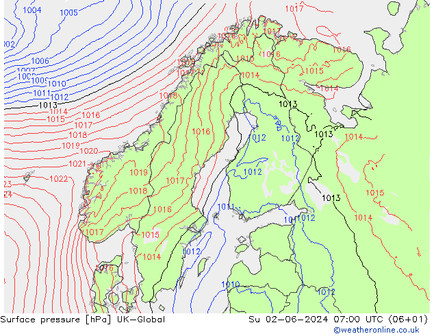 Atmosférický tlak UK-Global Ne 02.06.2024 07 UTC