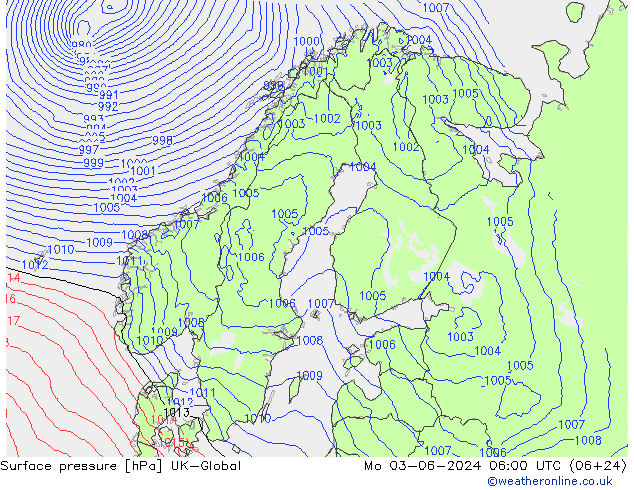 地面气压 UK-Global 星期一 03.06.2024 06 UTC