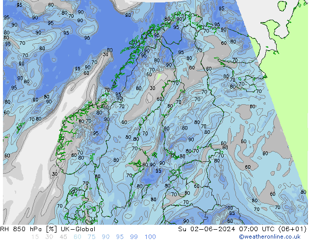 RH 850 гПа UK-Global Вс 02.06.2024 07 UTC