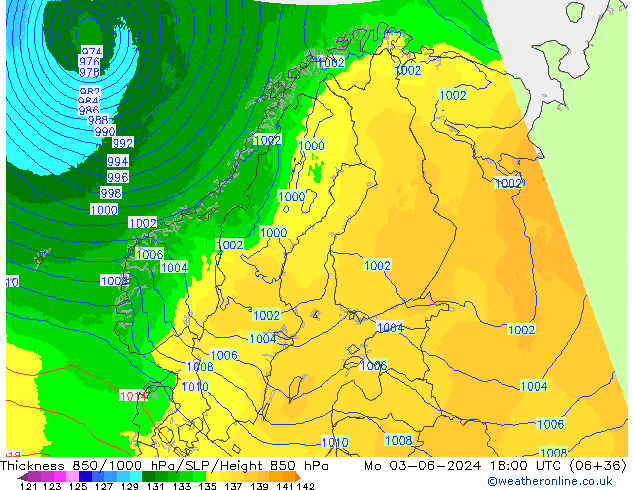 Espesor 850-1000 hPa UK-Global lun 03.06.2024 18 UTC