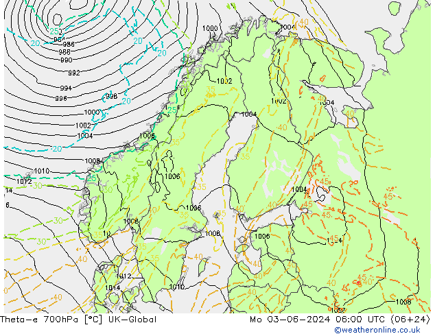 Theta-e 700hPa UK-Global Mo 03.06.2024 06 UTC