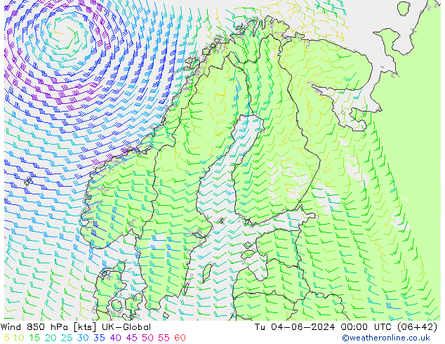 Wind 850 hPa UK-Global Di 04.06.2024 00 UTC