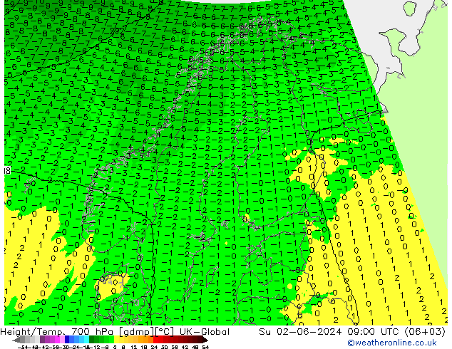 Hoogte/Temp. 700 hPa UK-Global zo 02.06.2024 09 UTC