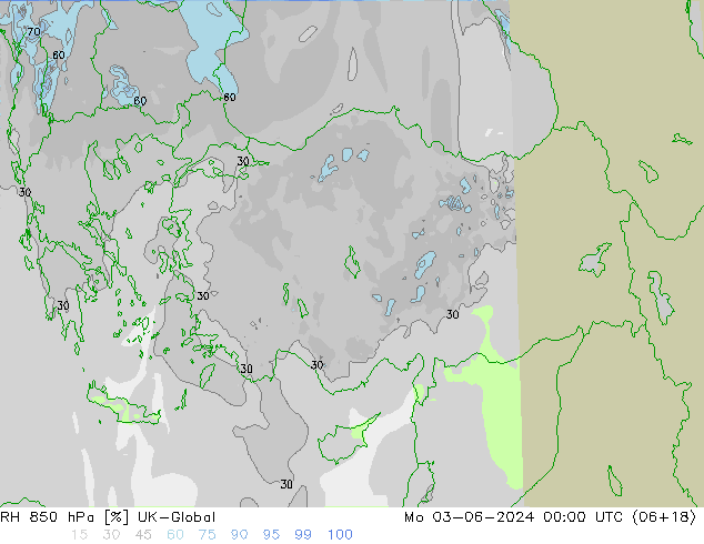 Humidité rel. 850 hPa UK-Global lun 03.06.2024 00 UTC