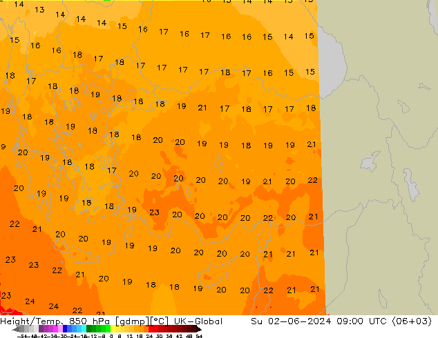 Height/Temp. 850 hPa UK-Global So 02.06.2024 09 UTC