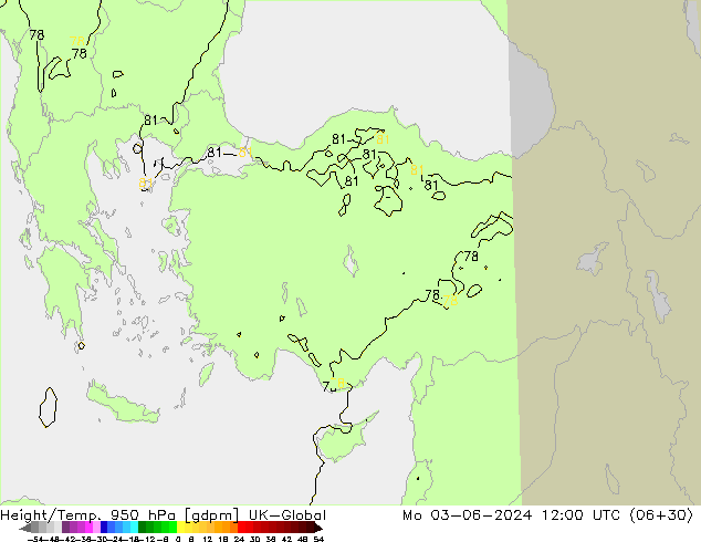Height/Temp. 950 hPa UK-Global pon. 03.06.2024 12 UTC
