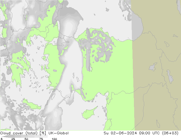 Bewolking (Totaal) UK-Global zo 02.06.2024 09 UTC