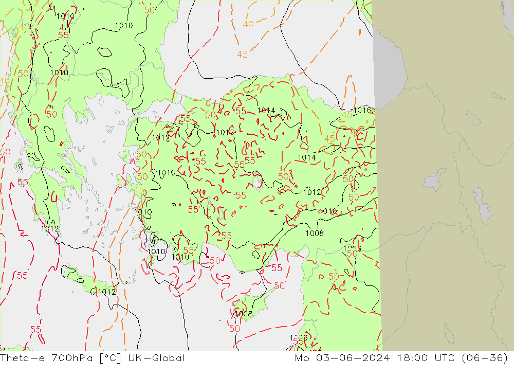 Theta-e 700hPa UK-Global pon. 03.06.2024 18 UTC